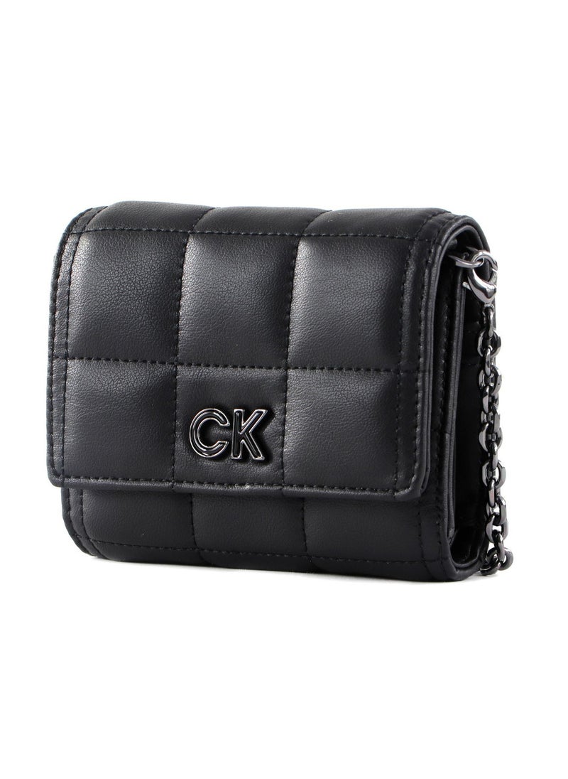 Calvin Klein Quilted Trifold Wallet with Convertible Crossbody Chain Strap - Black
