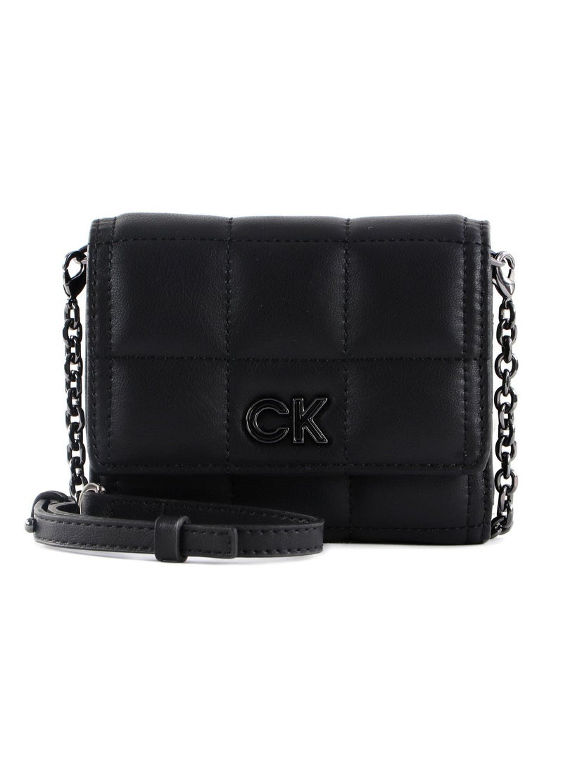 Calvin Klein Quilted Trifold Wallet with Convertible Crossbody Chain Strap - Black