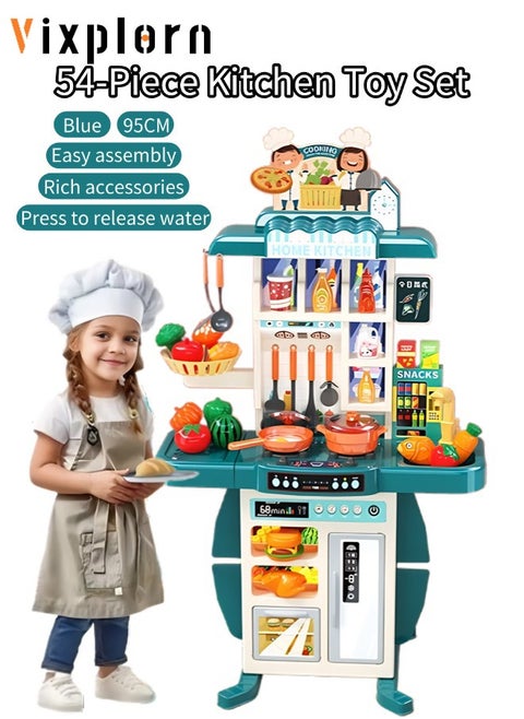 Kitchen Playsets 54 Pieces Kitchen Toy Set, Toy Kitchen Role Play Toy Set Role Play Cookware Kitchen Toy Set Kitchen Accessories Toy Cooking Stove Simulation Press to Release Water, Suitable for Boys and Girls (Blue 95CM)