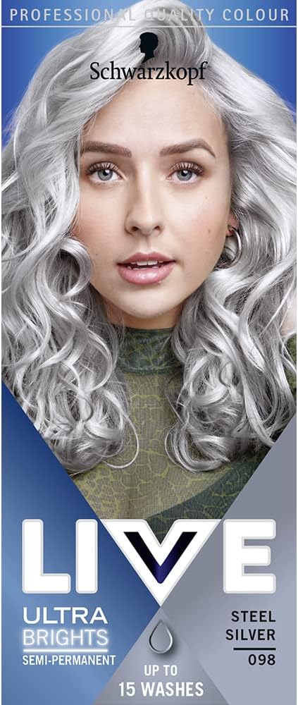 Live Schwarzkopf LIVE Ultra Brights Or Pastels Vibrant Semipermanent Silver Hair Dye Lasts Up to 15 Washes Steel Silver 098