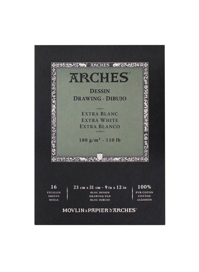 Arches Drawing Pad 9x12-inch Extra White 100% Cotton Drawing Paper - 16 Sheets of Arches 110lb Drawing Paper for Artists - Drawing Paper Pad for Graphite Pencil Charcoal Pastel Calligraphy and More - Image 1
