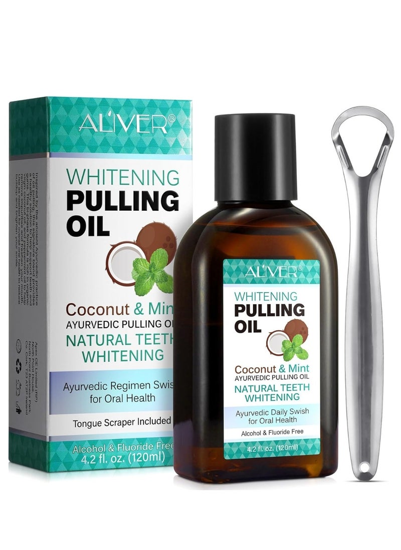ALIVER 120ml Coconut Oil Pulling Mouthwash with Coconut and Peppermint Oil Ayurvedic Mouthwash for Fresh Breath Teeth Whitening Mint Pulling Mouthwash Natural Essential Oil Mouthwash with Tongue Scraper  - Image 1