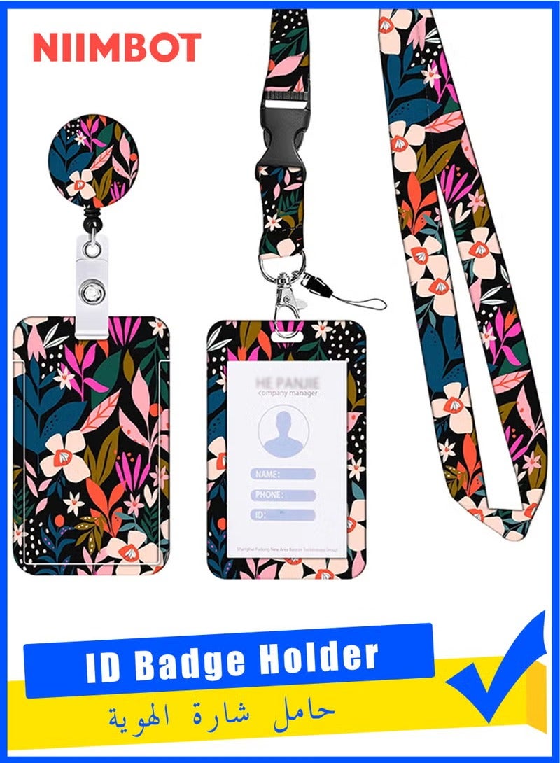 NIIMBOT ID Badge Holder with Lanyard, Retractable Badge Holders Reels with Lanyards Adjustable, for Women Kids Teacher Nurses Doctor Student (Pink Flower) - Image 1