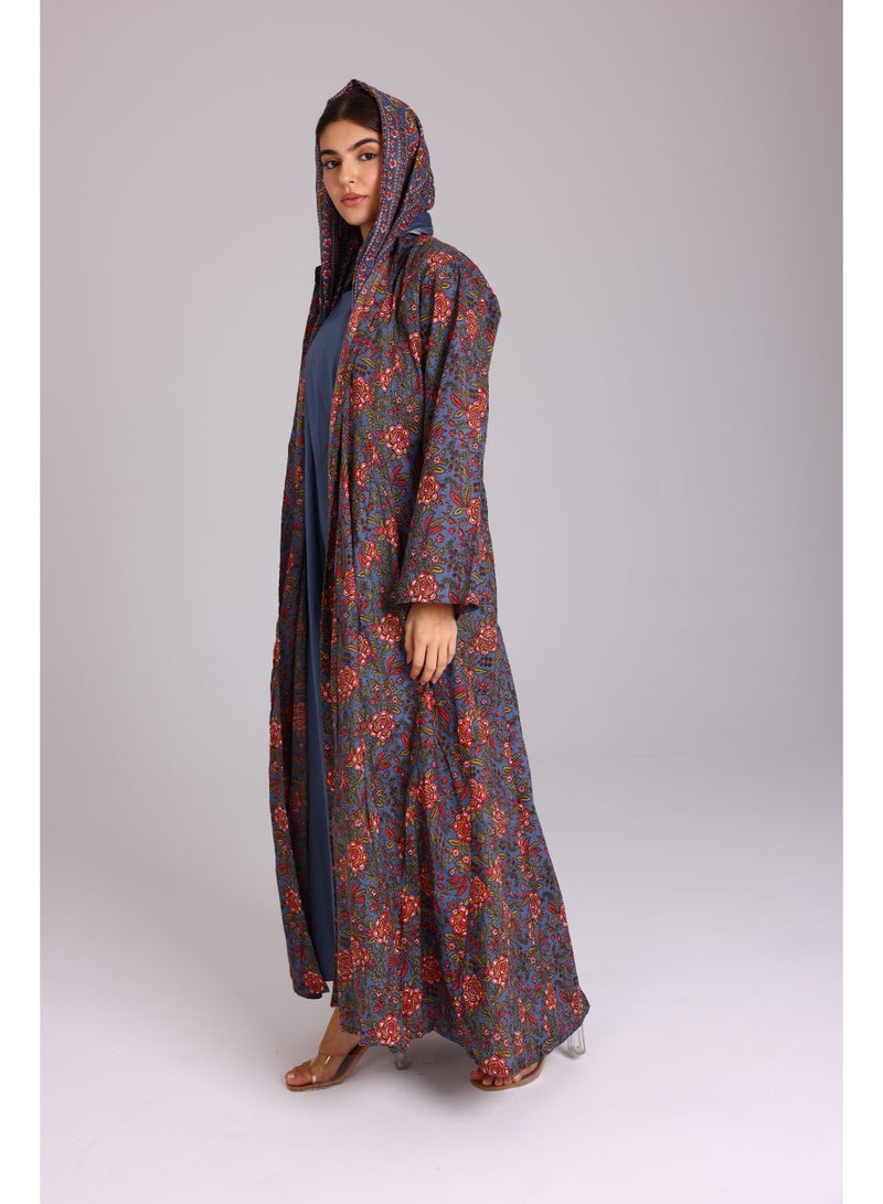 اكسا عباية نقوش ورود برتقالية ازرق - Image 3