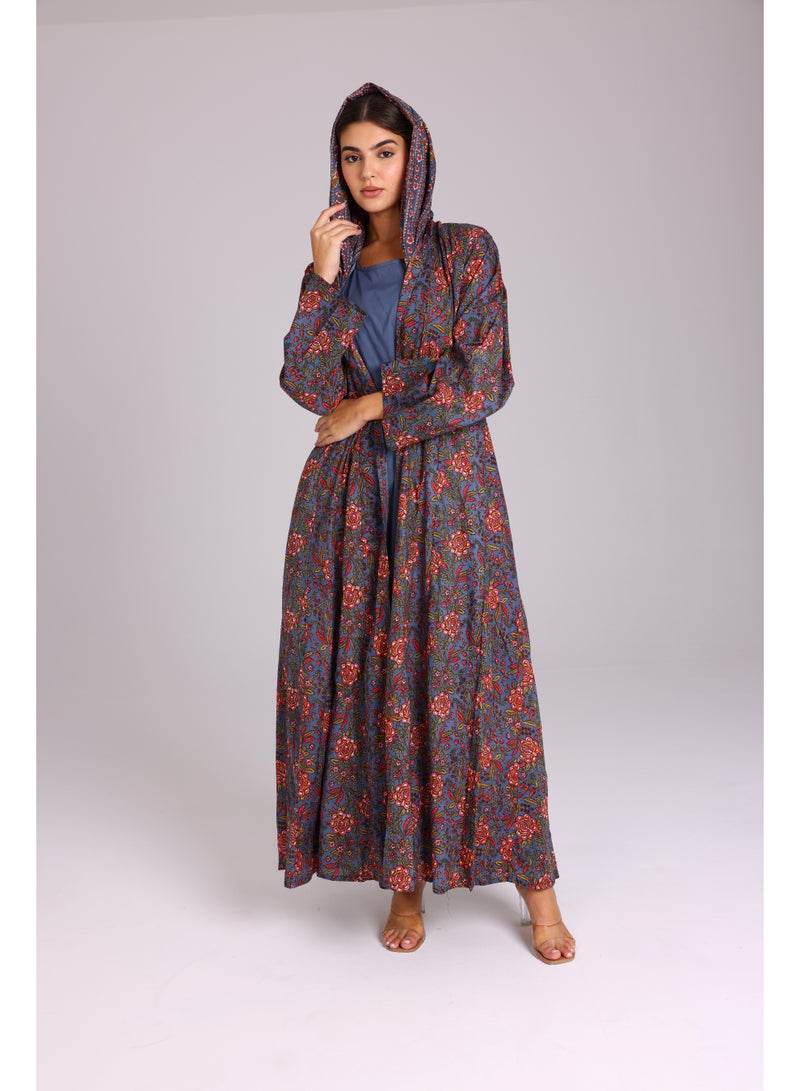 اكسا عباية نقوش ورود برتقالية ازرق - Image 5