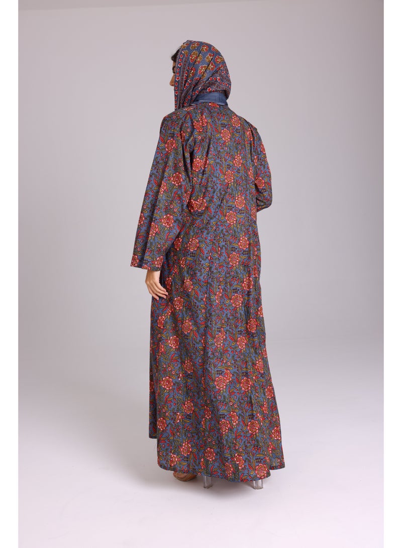 اكسا عباية نقوش ورود برتقالية ازرق - Image 4