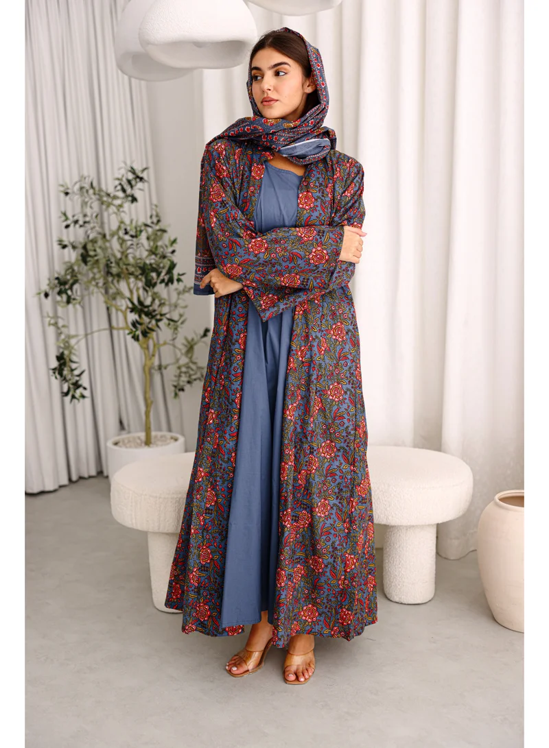 Beautiful Orange Flowers Prints Abaya Blue
