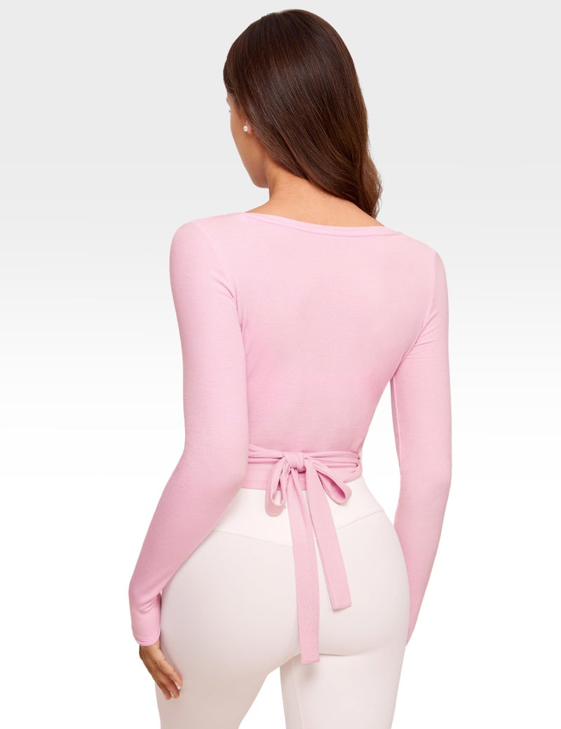 INGIA Womens V-Neck Long Sleeve Cross Wrap Top Slim Fit Soft Knit Layering Shirt Casual Yoga Gym Bandage Tie Tops Milk Pink X-Large - Image 2