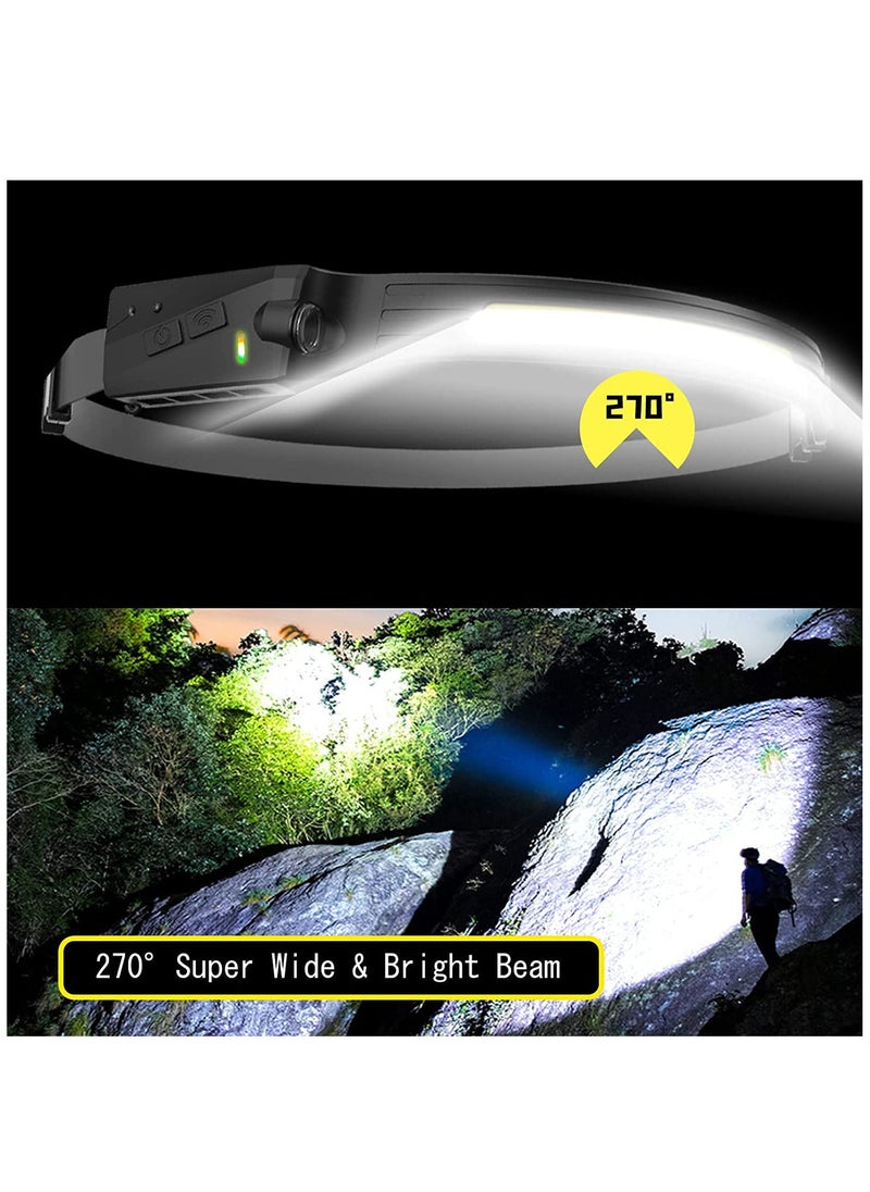 Rechargeable LED Headlamp with 230° Illumination,Waterproof,4 Modes,Motion Sensor Headlamp,USB Headlamp for Hiking Running Fishing Camping