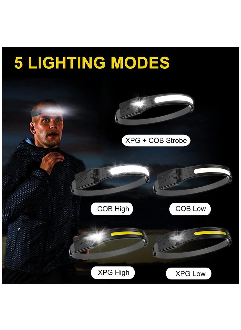 Rechargeable LED Headlamp with 230° Illumination,Waterproof,4 Modes,Motion Sensor Headlamp,USB Headlamp for Hiking Running Fishing Camping
