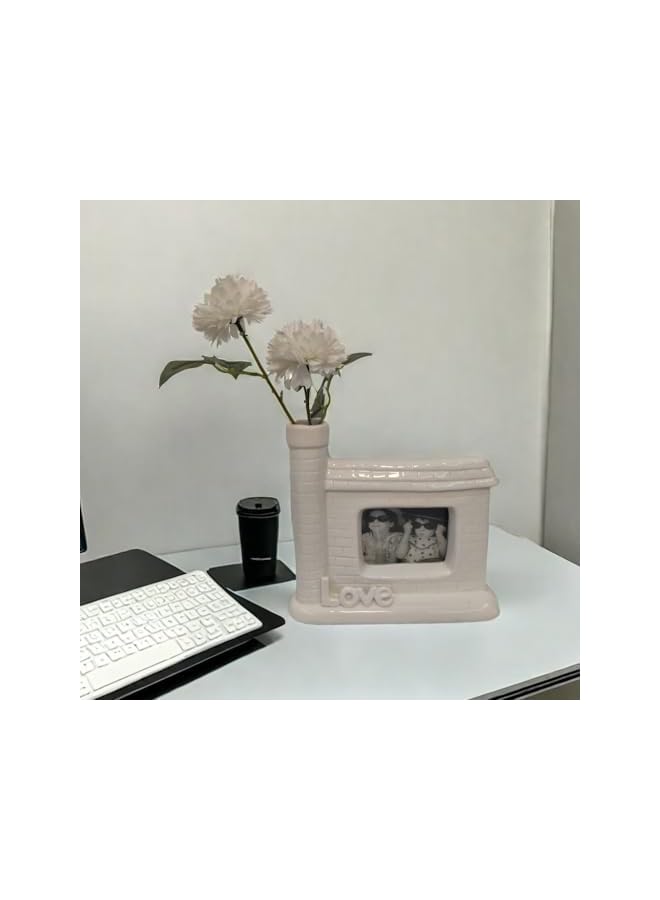 The Bros مزهرية سيراميك بيضاء إبداعية مع إطار صور، مزهرية زهور مصنوعة يدويًا بتصميم "حب" للديكور المكتبي في المنزل والمكتب - Image 4