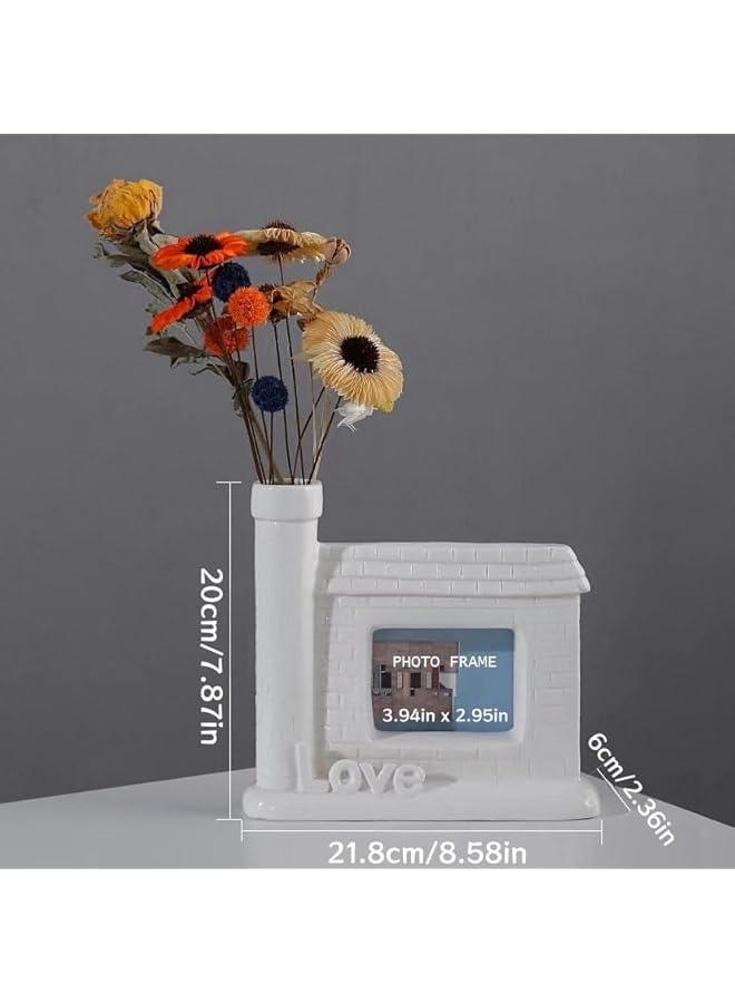 The Bros مزهرية سيراميك بيضاء إبداعية مع إطار صور، مزهرية زهور مصنوعة يدويًا بتصميم "حب" للديكور المكتبي في المنزل والمكتب - Image 2