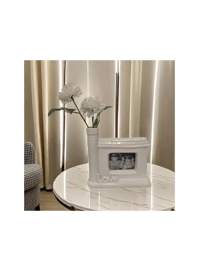 The Bros مزهرية سيراميك بيضاء إبداعية مع إطار صور، مزهرية زهور مصنوعة يدويًا بتصميم "حب" للديكور المكتبي في المنزل والمكتب - Image 5