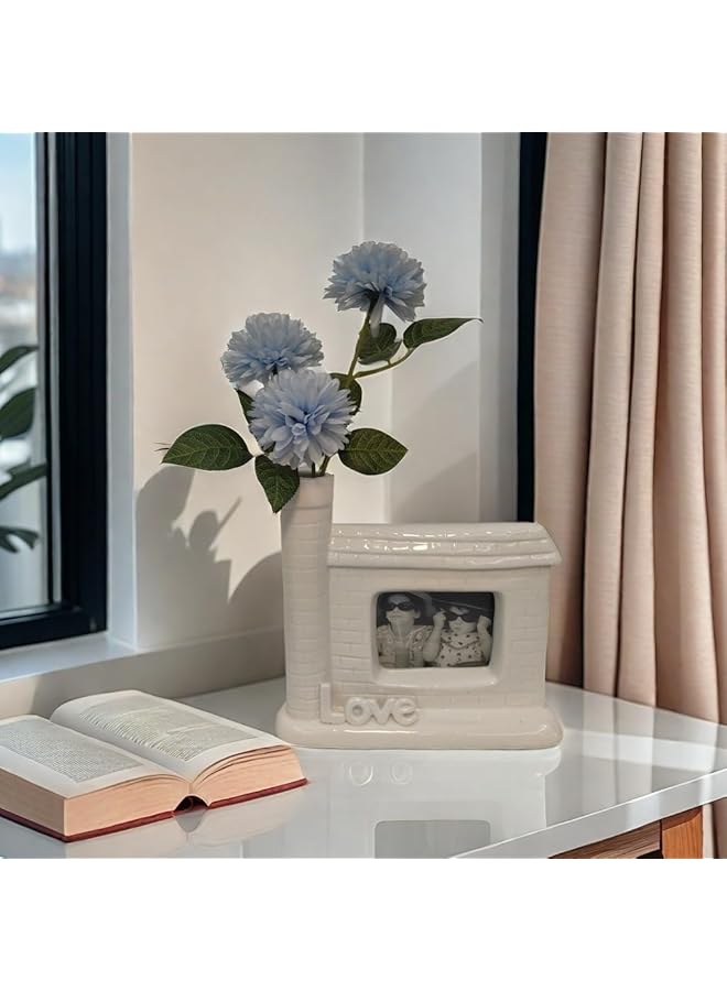 The Bros مزهرية سيراميك بيضاء إبداعية مع إطار صور، مزهرية زهور مصنوعة يدويًا بتصميم "حب" للديكور المكتبي في المنزل والمكتب - Image 1