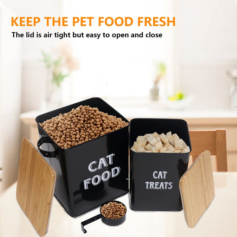 Morezi Cat Food Storage Container Farmhouse Pet Food Treats holder with Lid and Scoop, Perfect Sturdy Canister Tins for Kitchen Countertop, Shelf, Great Gift for Pet Owners - Cat Food - Black - Image 3
