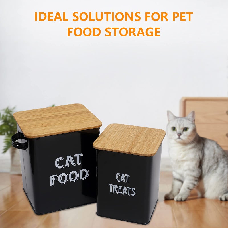 Morezi Cat Food Storage Container Farmhouse Pet Food Treats holder with Lid and Scoop, Perfect Sturdy Canister Tins for Kitchen Countertop, Shelf, Great Gift for Pet Owners - Cat Food - Black - Image 2