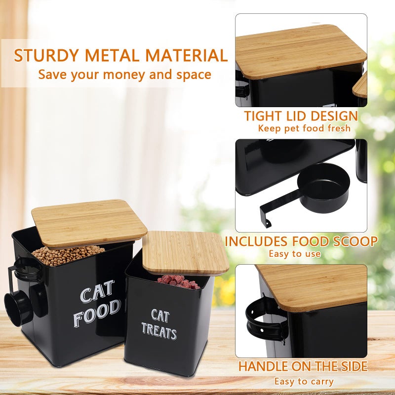 Morezi Cat Food Storage Container Farmhouse Pet Food Treats holder with Lid and Scoop, Perfect Sturdy Canister Tins for Kitchen Countertop, Shelf, Great Gift for Pet Owners - Cat Food - Black - Image 4