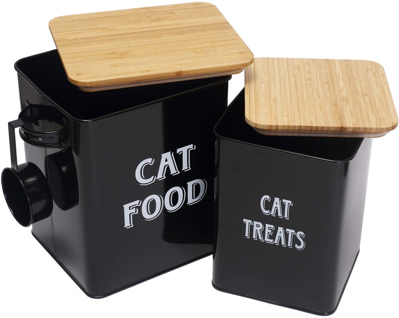 Morezi Cat Food Storage Container Farmhouse Pet Food Treats holder with Lid and Scoop, Perfect Sturdy Canister Tins for Kitchen Countertop, Shelf, Great Gift for Pet Owners - Cat Food - Black - Image 1