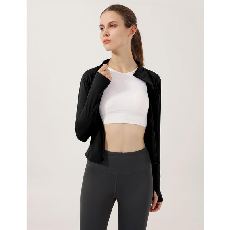 Workout jacket for running and track training, lightweight stretchy polyester, black, slim fit with thumb holes - Image 3