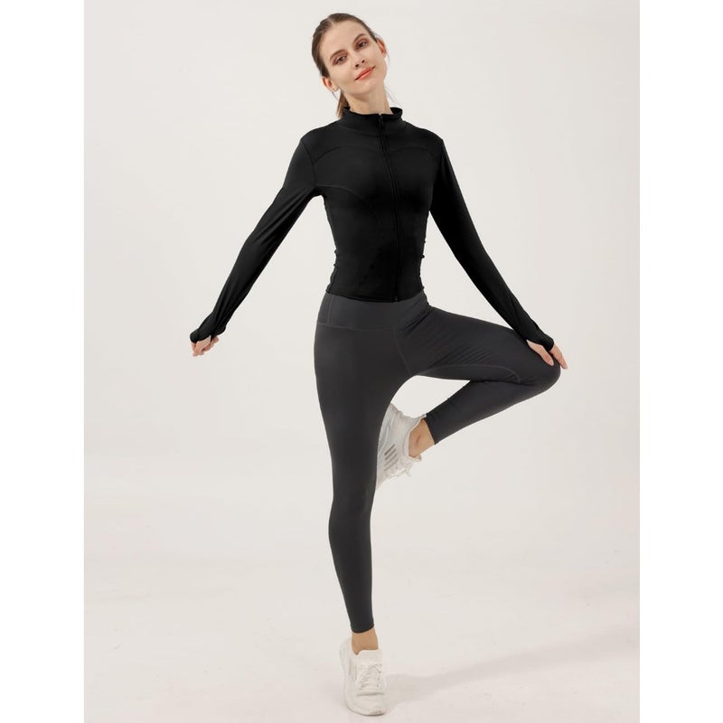 Workout jacket for running and track training, lightweight stretchy polyester, black, slim fit with thumb holes - Image 5