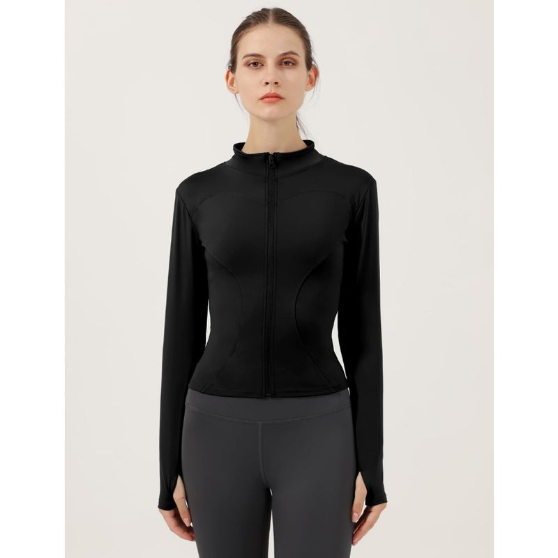 Workout jacket for running and track training, lightweight stretchy polyester, black, slim fit with thumb holes - Image 2