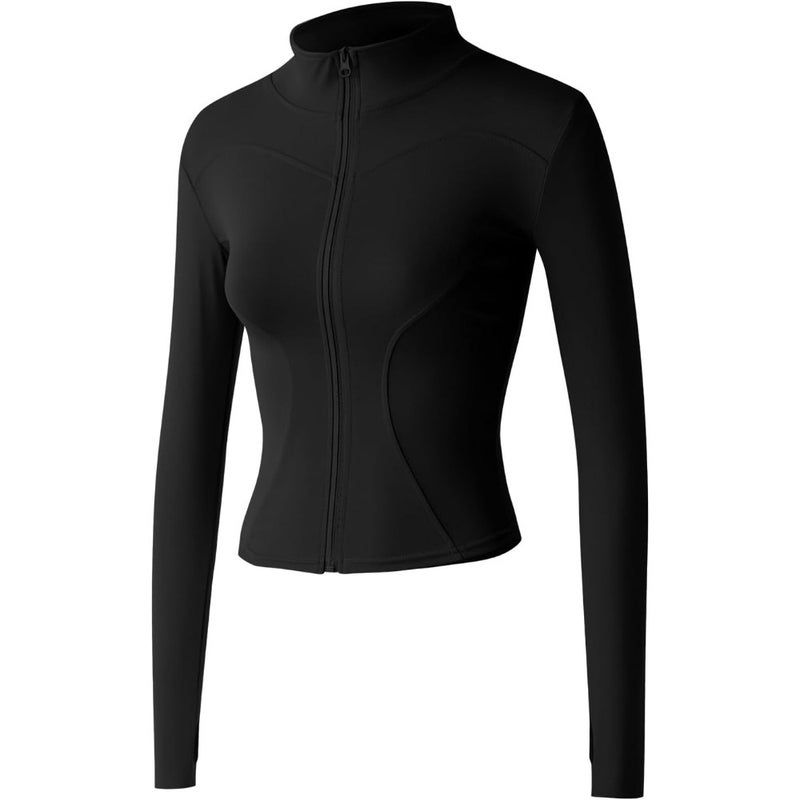 Workout jacket for running and track training, lightweight stretchy polyester, black, slim fit with thumb holes - Image 1