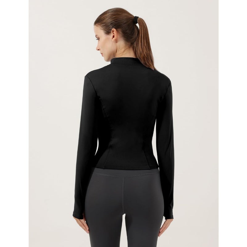 Workout jacket for running and track training, lightweight stretchy polyester, black, slim fit with thumb holes - Image 4