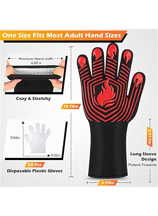 BBQ Gloves, 1472°F Heat Resistant Gloves Fireproof Mitts，Grilling Gloves Silicone Non-Slip Washable Oven Gloves, Kitchen Gloves for Barbecue, Grilling, Cooking, Baking, Camping, r (Red)  - Image 2