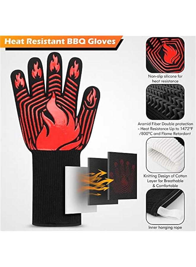 BBQ Gloves, 1472°F Heat Resistant Gloves Fireproof Mitts，Grilling Gloves Silicone Non-Slip Washable Oven Gloves, Kitchen Gloves for Barbecue, Grilling, Cooking, Baking, Camping, r (Red)  - Image 3