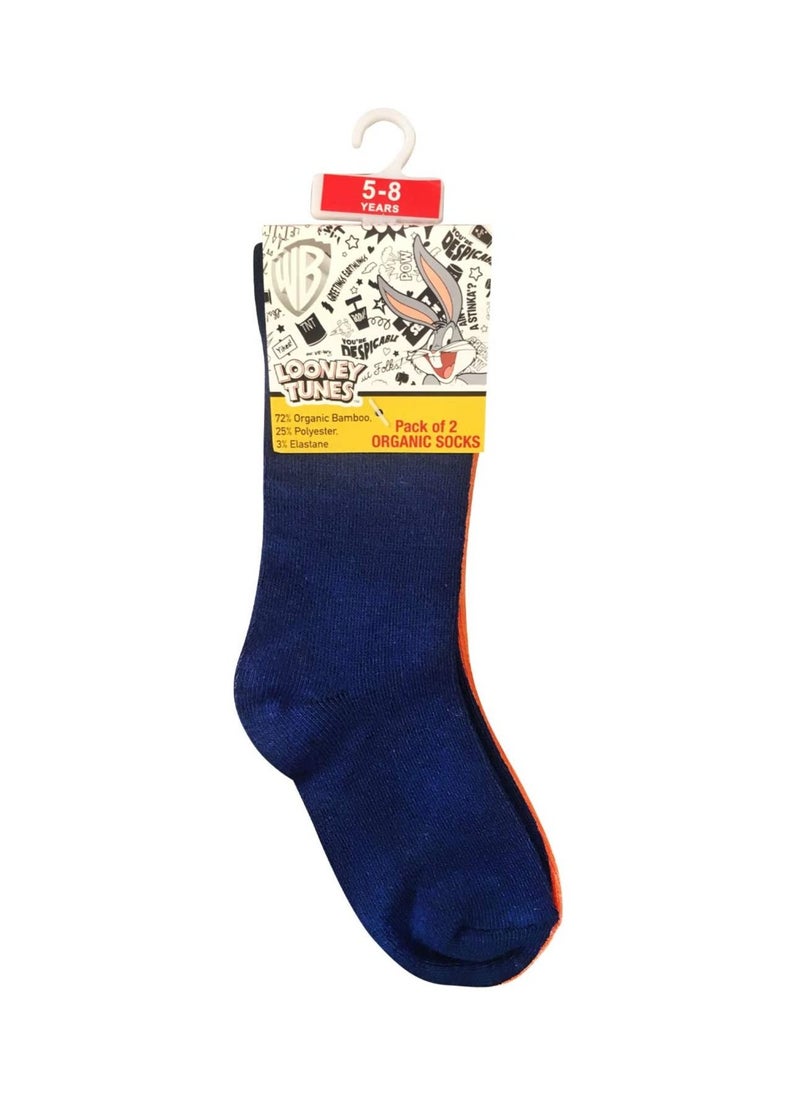 Bugs Bunny Bugs Bunny Bamboo Cotton Sock - Solid (Pack Of 2) - Navy Blue & Orange 5-8Y  - Image 1