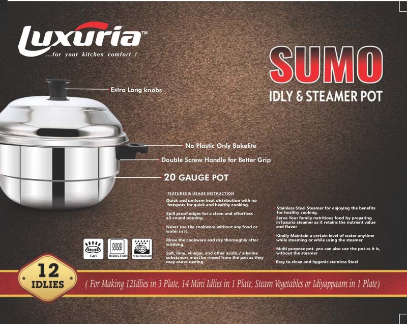 Luxuria Sumo 12 Stainless Steel Induction Idly Cooker 3 Plates 12 Idlis Silver - Image 2