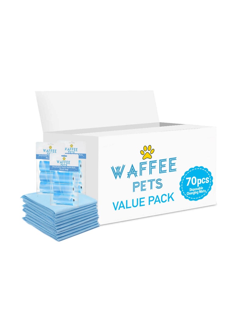 Waffee Waffee Disposable Changing Mat 70 + Pack of 3 Refill BLUE (9 Rolls) 180 Nappy Bags  - Image 1