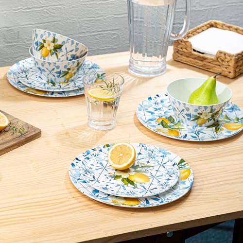 Bzyoo 12-Piece Melamine Dinnerware Set - Lemon Tiles | Lightweight, Durable, BPA-Free | Dishwasher Safe Dish Set for Indoor & Outdoor Use - Perfect for Camping, BBQs - Image 2