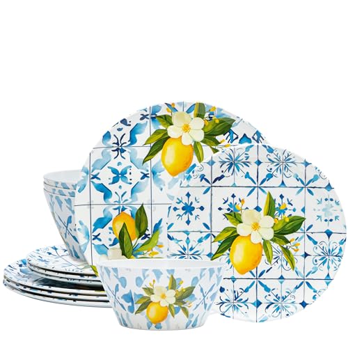 Bzyoo 12-Piece Melamine Dinnerware Set - Lemon Tiles | Lightweight, Durable, BPA-Free | Dishwasher Safe Dish Set for Indoor & Outdoor Use - Perfect for Camping, BBQs - Image 1