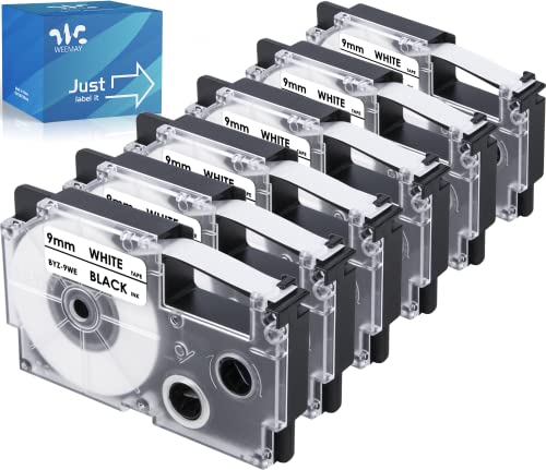 Weemay XR-9WE2S Compatible Label Tape Replacement for Casio Label It Tape Cartridge 9mm 0.35 XR-9WE XR9WE2S Black on White Cassette for EZ-Label Printer KL-60 KL-100 KL-120 KL-750 KL-780, 6 Pack - Image 1