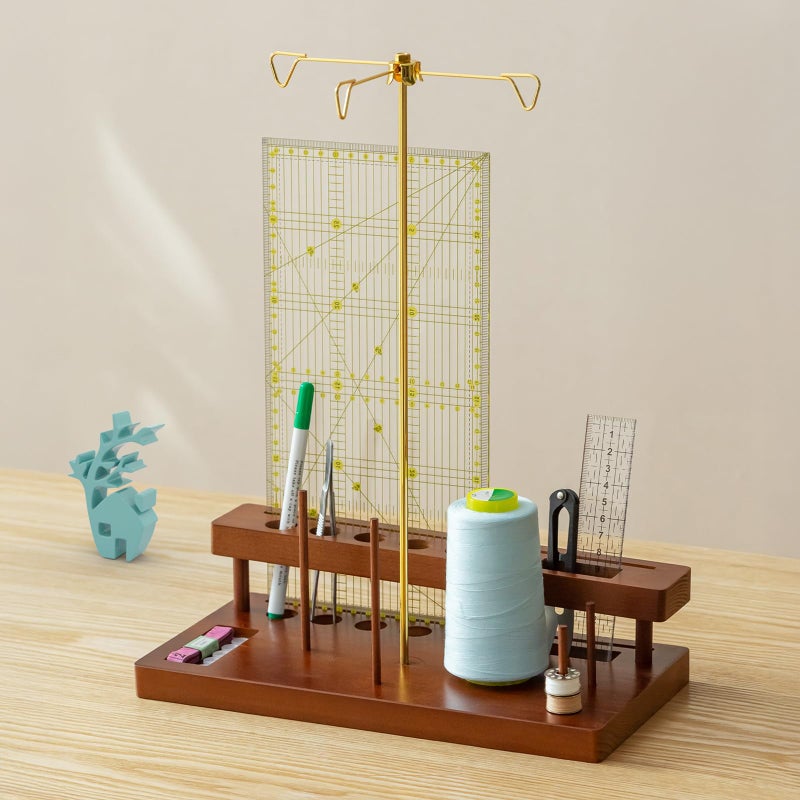 Baffect Thread Spool Holder With Sewing Organizer, 3 Spools Holder For Home Sewing Machines, Wooden Craft and Quilting Supplies Organizer With Gold Metal Thread Stand, Ideal For Quilters - Image 1