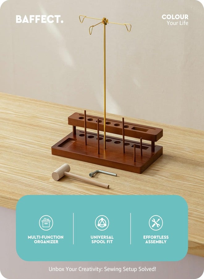 Baffect Thread Spool Holder With Sewing Organizer, 3 Spools Holder For Home Sewing Machines, Wooden Craft and Quilting Supplies Organizer With Gold Metal Thread Stand, Ideal For Quilters - Image 2