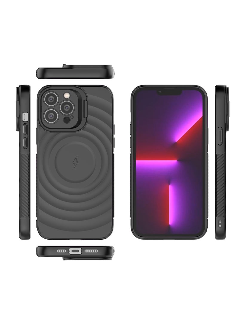 غطاء حمايه لهاتف ايفون 13 برو ماكس جراب ارمور مغناطيسي ياتي بحواف مرتفعة حول الشاشة وعدسة الكاميرا تساعد على منع الخدوش معا استاند للكاميرا - اسود - Image 2