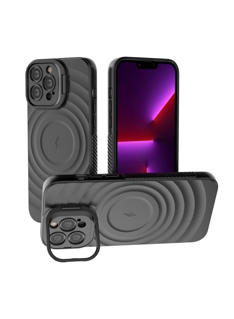 غطاء حمايه لهاتف ايفون 13 برو ماكس جراب ارمور مغناطيسي ياتي بحواف مرتفعة حول الشاشة وعدسة الكاميرا تساعد على منع الخدوش معا استاند للكاميرا - اسود - Image 1