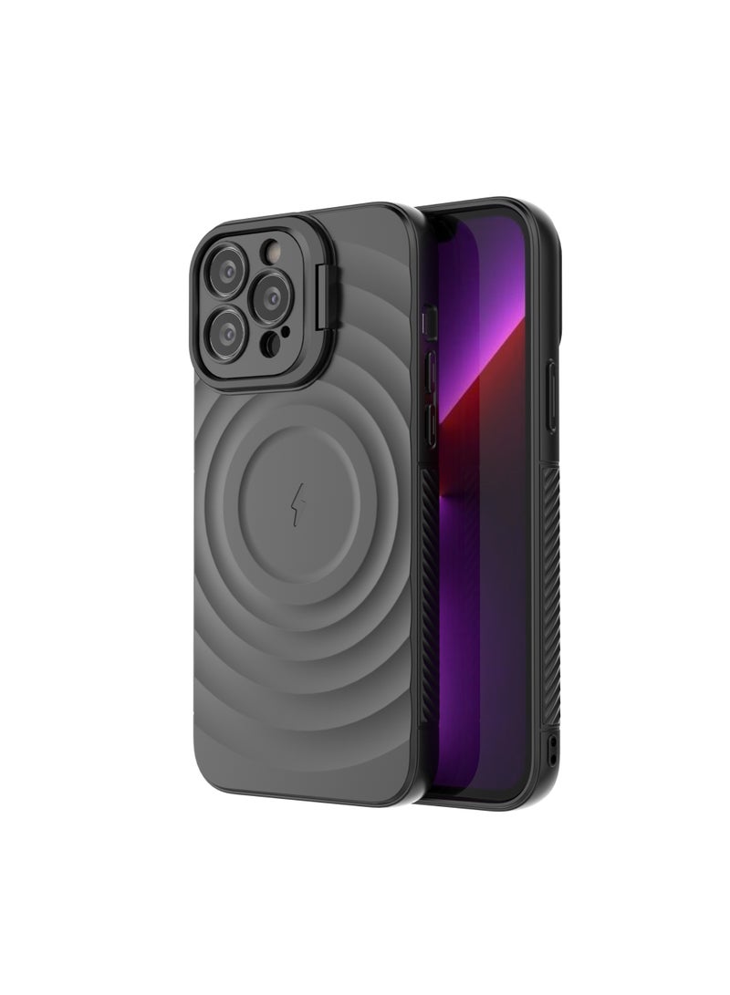 غطاء حمايه لهاتف ايفون 13 برو ماكس جراب ارمور مغناطيسي ياتي بحواف مرتفعة حول الشاشة وعدسة الكاميرا تساعد على منع الخدوش معا استاند للكاميرا - اسود - Image 3