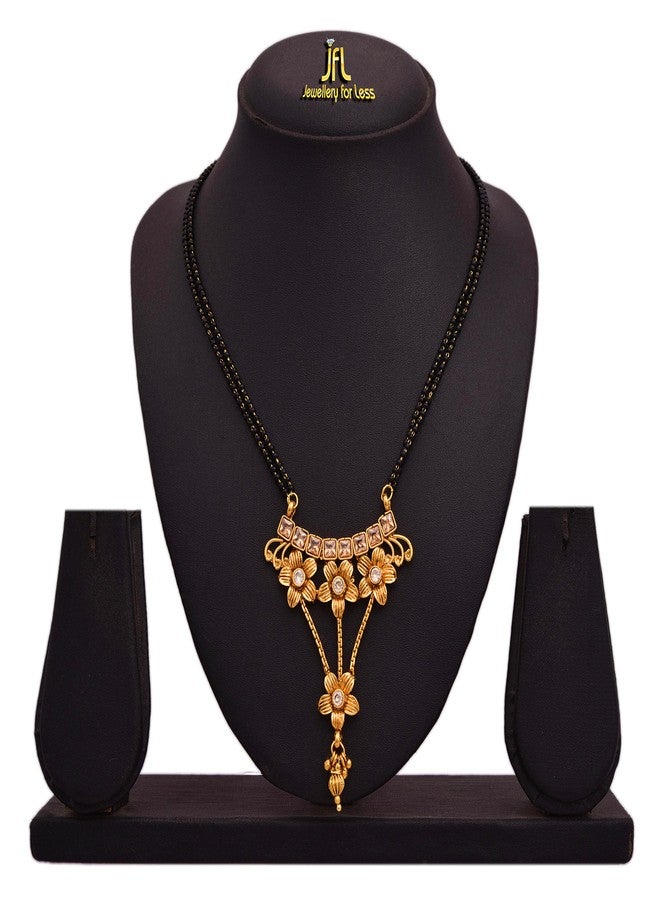 JFL - Jewellery for Less One Gram Gold Plated Diamond Design Mangalsutra Set With Black Beaded Chain For Women,Valentine - Image 2