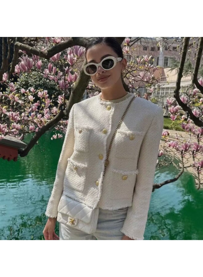 European And American Fashion Autumn New Metal Button Pocket Slub Short Outer Single-breasted Top