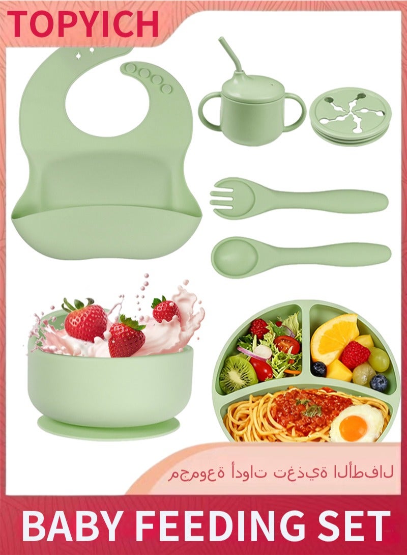 توبيتش 7 قطعة مجموعة تغذية الطفل - طبق طفل سلينيكي بمقبس، أدوات أكل آمنة ملعقة ومئزر وكوب لتغذية الطفل ذاتيًا - Image 1