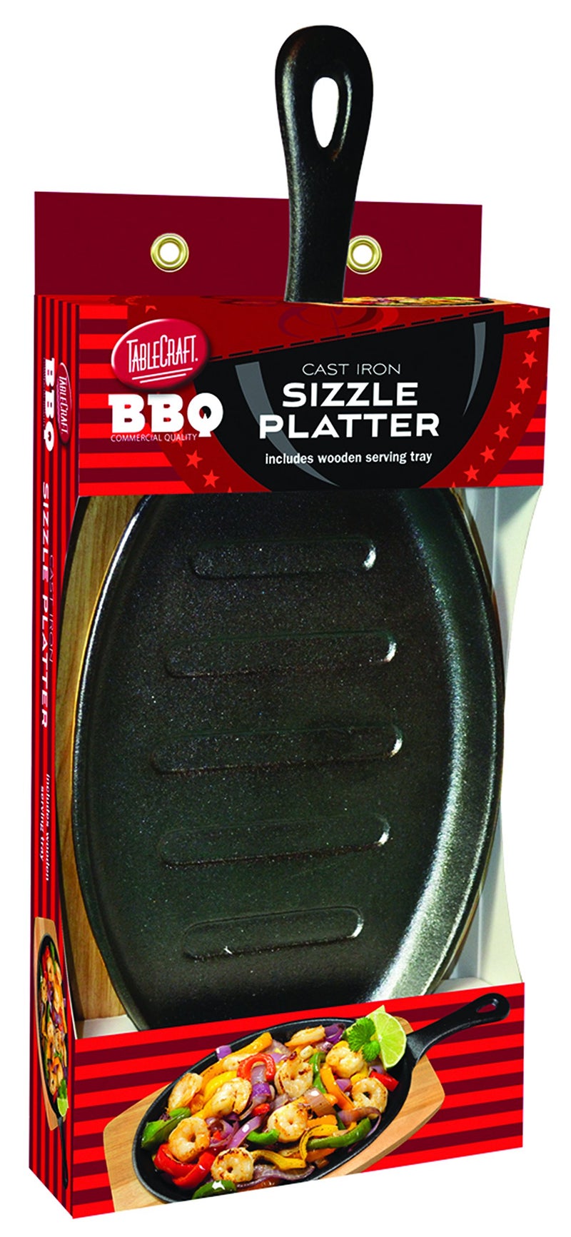TableCraft BBQ117 Cast Iron Fajita Skillet Set 17Inch PreSeasoned Sizzle Platter with Handle and Wood Tray Commercial Quality for Grill Oven or Stovetop Black 2Piece Set