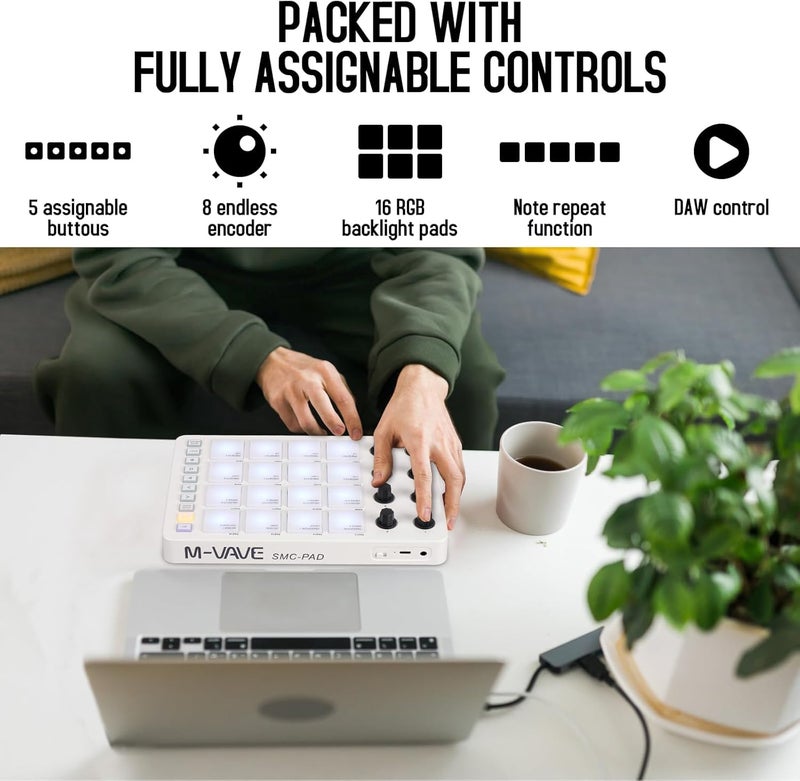 Wireless MIDI Controller Pads Controller, Bluetooth Portable USB MIDI Controller with 16 MPC Drum Pads, 8 Assignable Knobs, Note Repeat, Full Level ons, Rechargeable, Live Lite Recording Software - Image 3