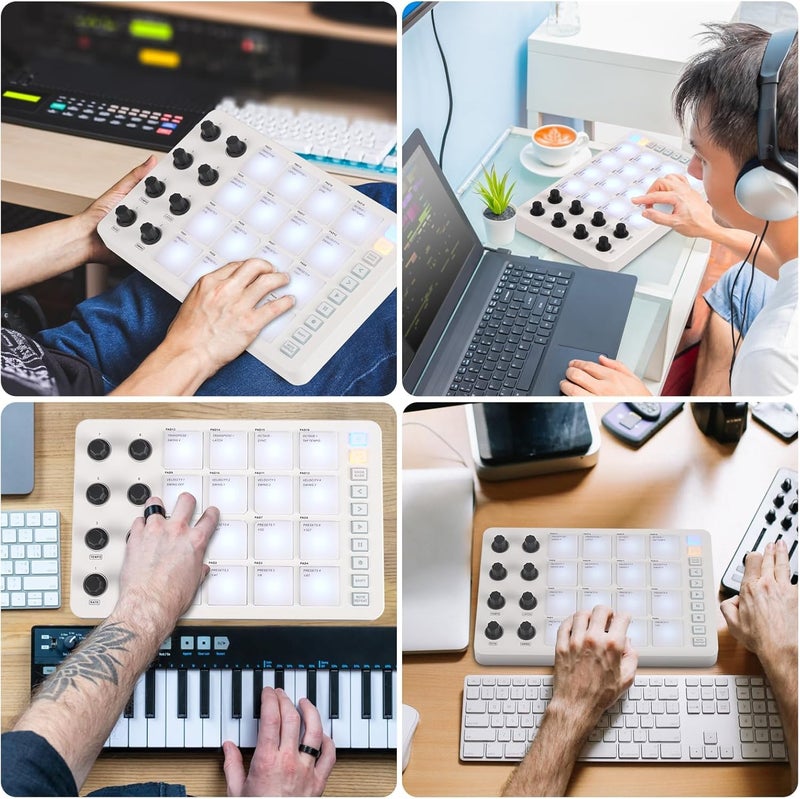 Wireless MIDI Controller Pads Controller, Bluetooth Portable USB MIDI Controller with 16 MPC Drum Pads, 8 Assignable Knobs, Note Repeat, Full Level ons, Rechargeable, Live Lite Recording Software