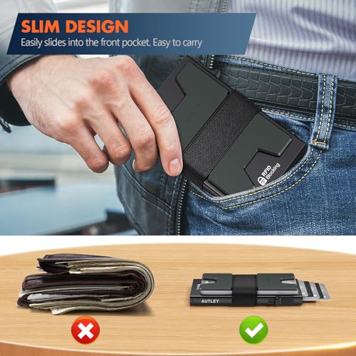 AUTLEY Slim Card Holder, Minimalist Pop Up Wallet for Men, RFID Blocking Mens Wallet with Cash Band (Black) - Image 3