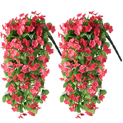 ZFProcess Artificial Fake Hanging Flowers Plants for Outdoor Spring Decoration 2PCS Faux Silk Violet UV Resistant Look Real Trailing Vines for Outside Home Planter Porch PatioRose red