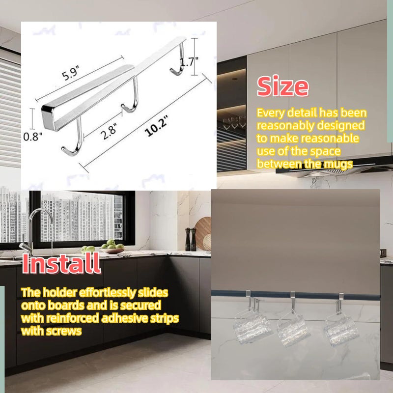 SAYHAHA Mug Hooks Under Cabinet , 304 Stainless Steel Cup Hooks for Hanging Under Shelf, Mug Organizer Rack with 6 Hooks for Displaying Mugs, Coffee Cups and Kitchen Utensils,Fit for 0.8" or Less thickness - Image 5