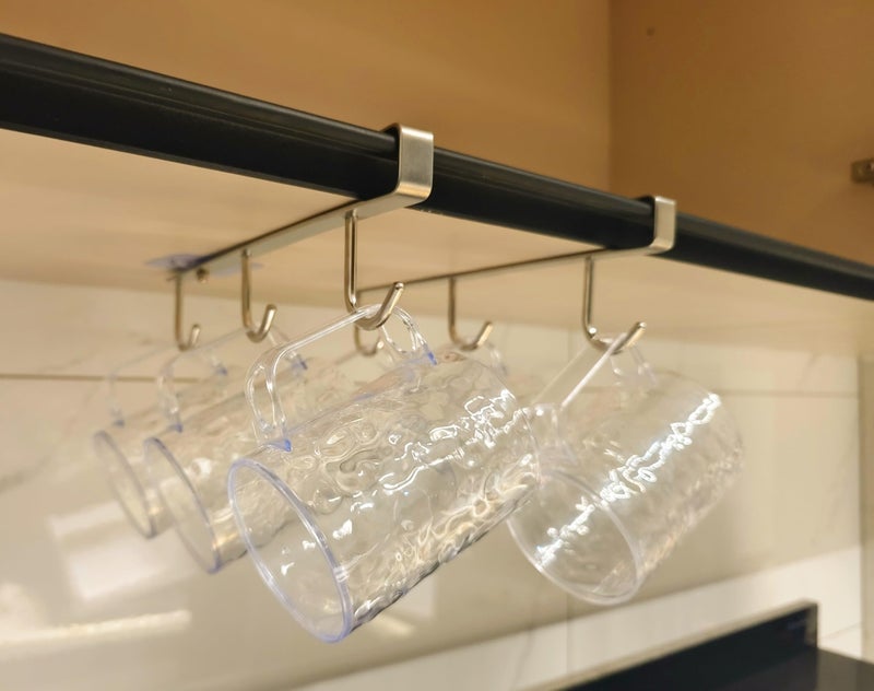 SAYHAHA Mug Hooks Under Cabinet , 304 Stainless Steel Cup Hooks for Hanging Under Shelf, Mug Organizer Rack with 6 Hooks for Displaying Mugs, Coffee Cups and Kitchen Utensils,Fit for 0.8" or Less thickness - Image 1